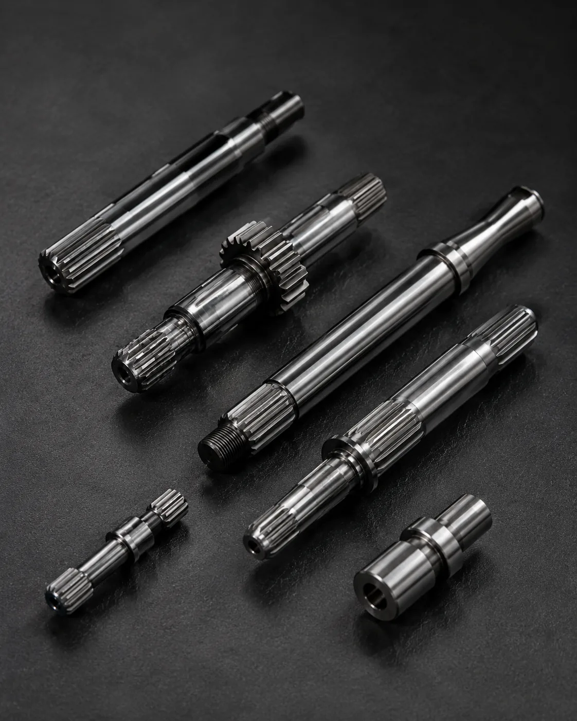 Finished spline shaft components prepared for inspection