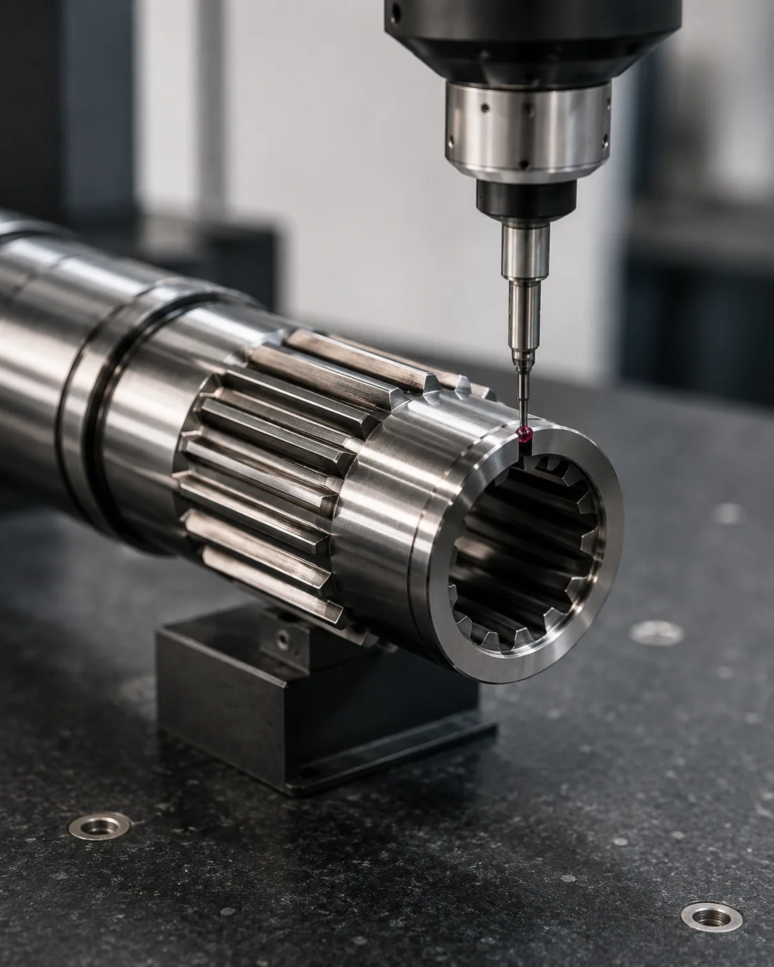 Inspection probe checking a machined spline shaft